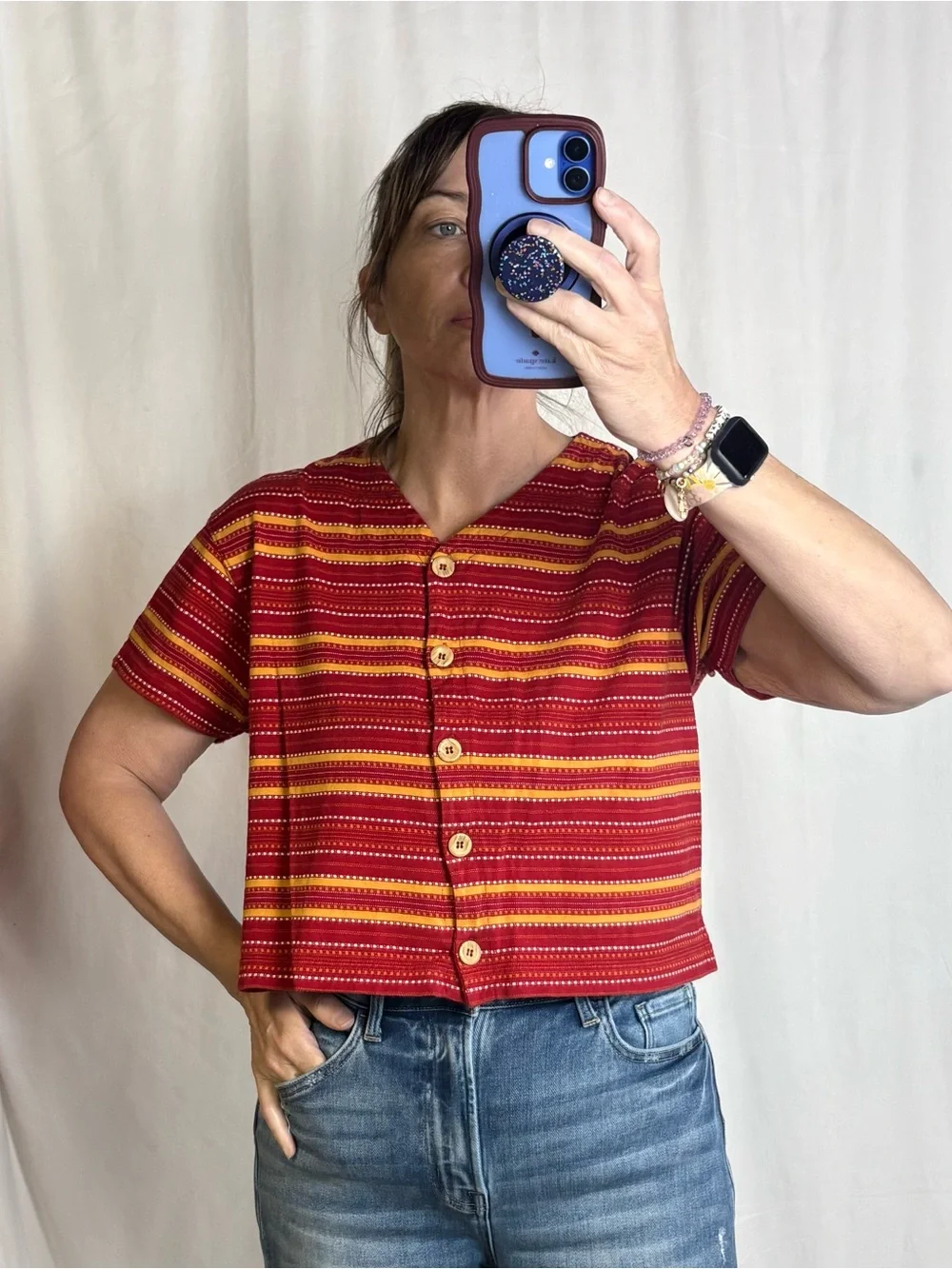 Cropped Red & Yellow Striped Button-Up Women's Top